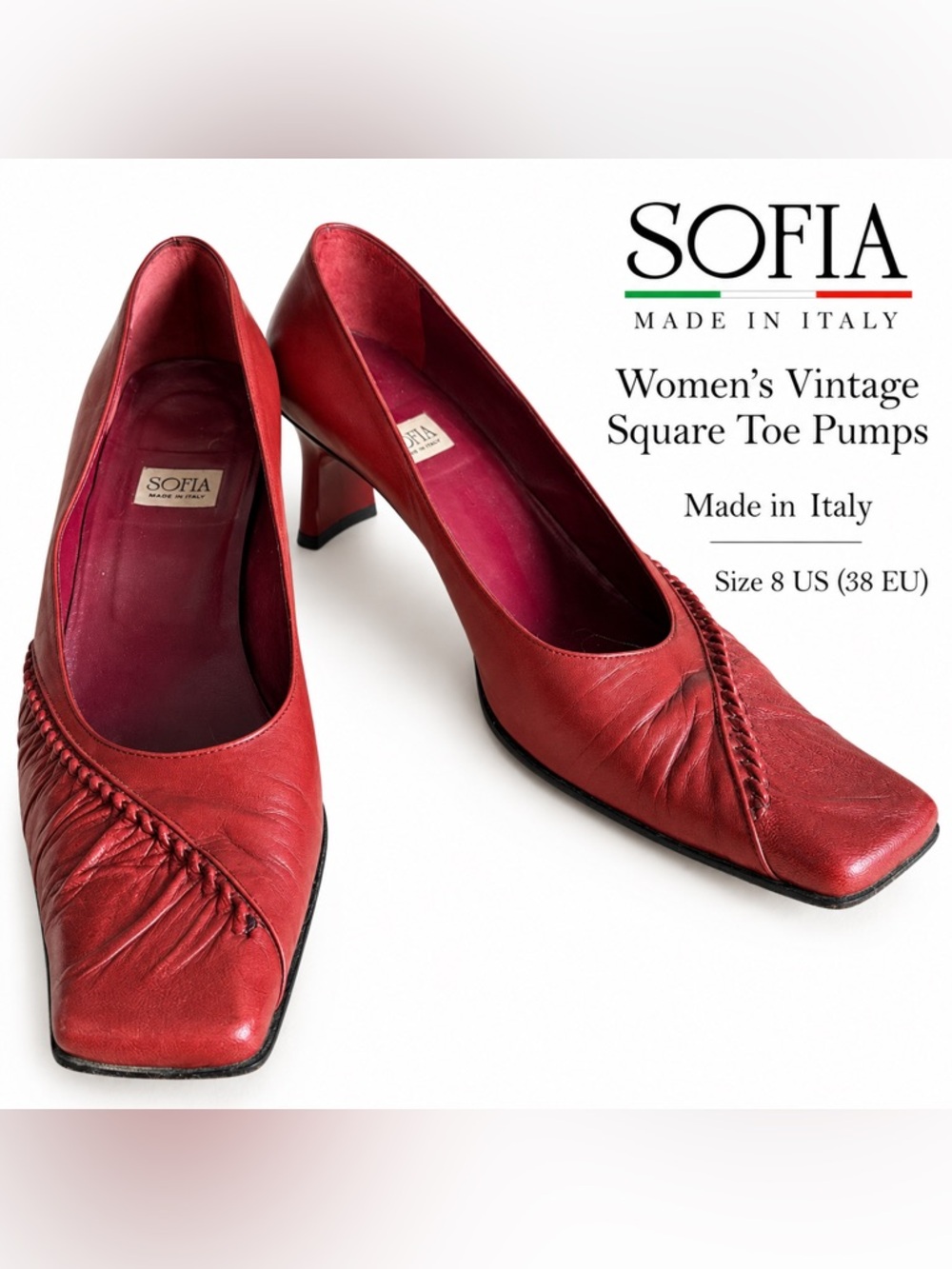 Vintage Sofia Italian Leather Square Toe Pumps | Burgundy Red | Size 8